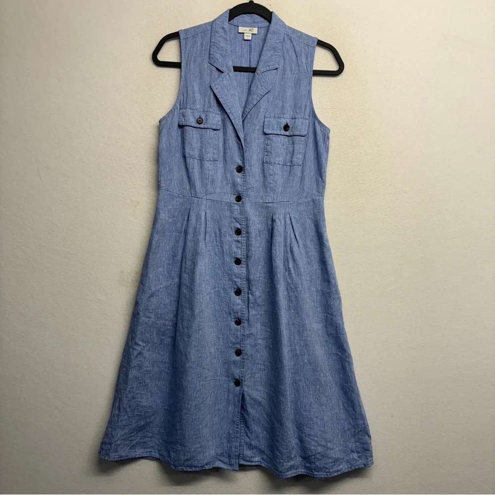 J. JILL Love Linen 100% Linen Button Down Sleeveless Blue Shirtdress S Pockets - Picture 2 of 9